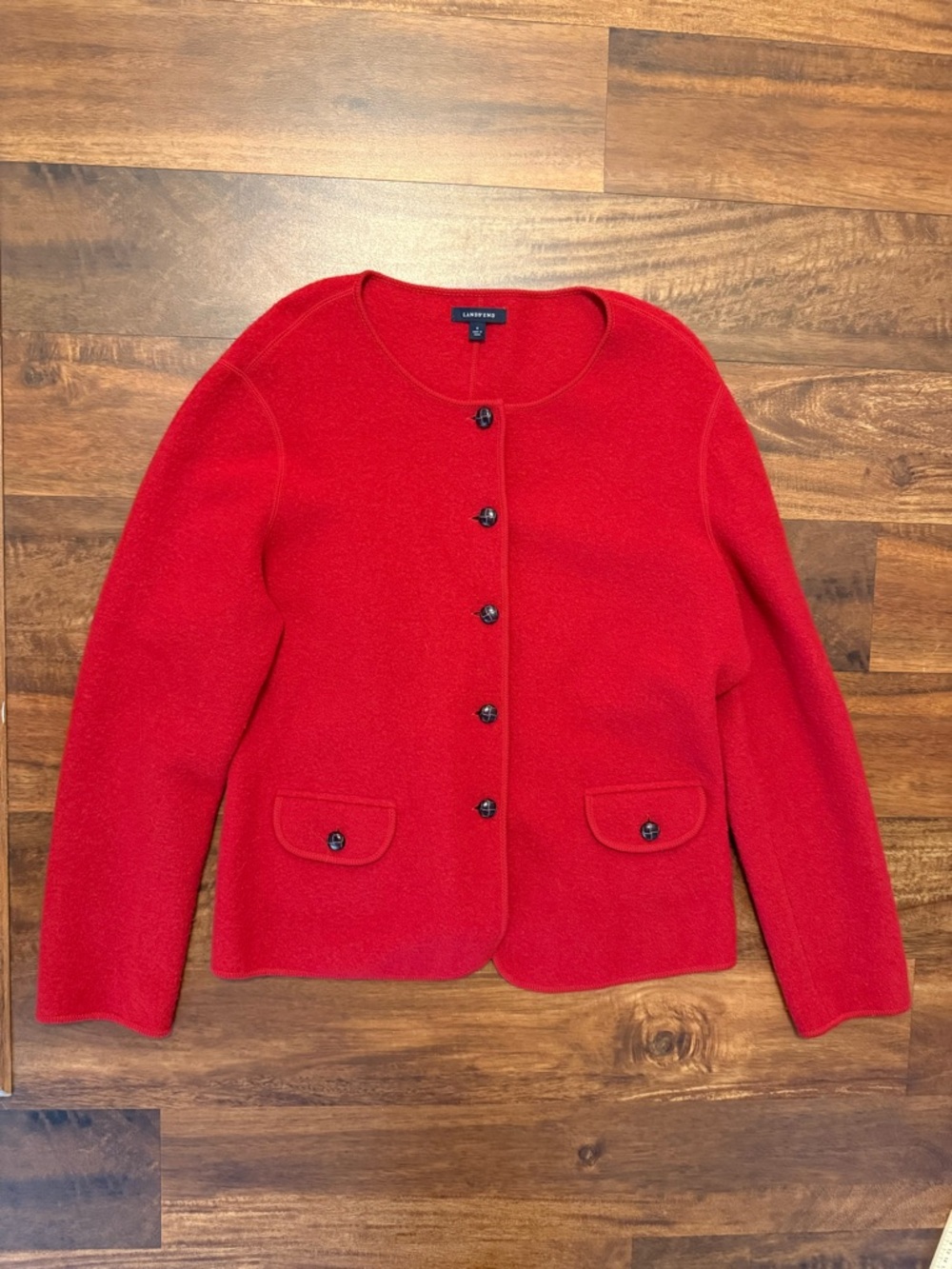 Lands' End Red Wool Round-Neck Button Cardigan